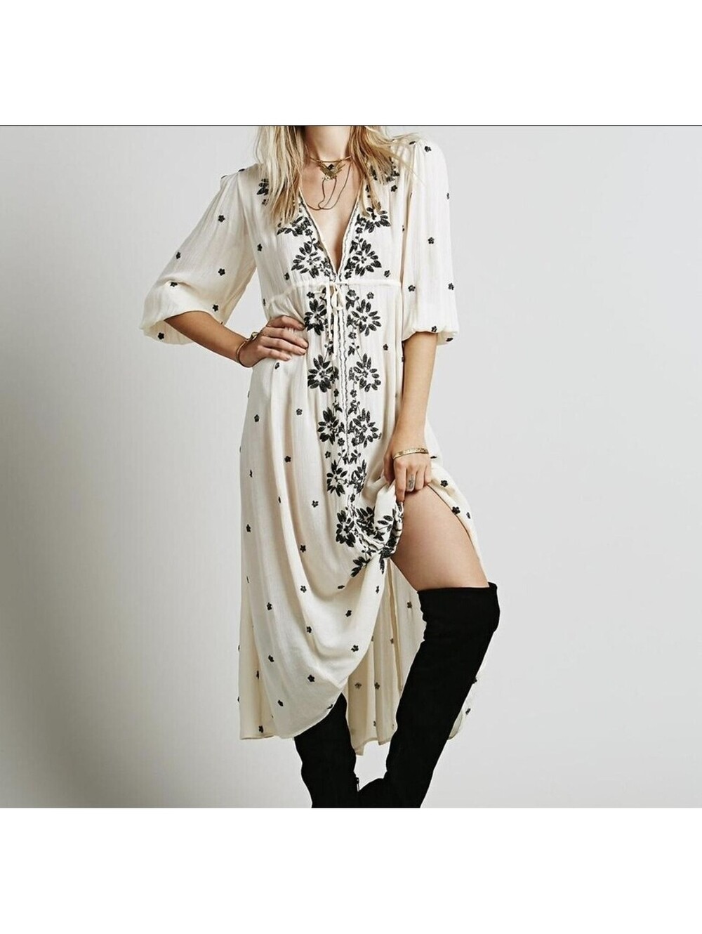 Free People Fable Ivory White Embroidered Midi Peasant Dress Boho Prairie Small